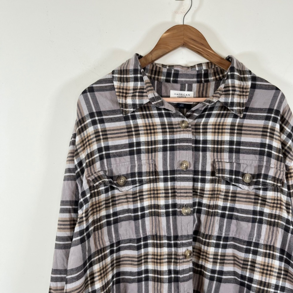 American Eagle Outfitters Plaid Flannel Button Down Shirt Neutral Gorpcore Large - Picture 4 of 7